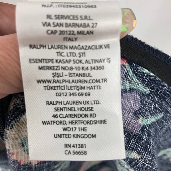 POLO RALPH LAUREN Blouse Sz 18 Linen Puff Sleeve Floral Print Navy Blue - Picture 10 of 12